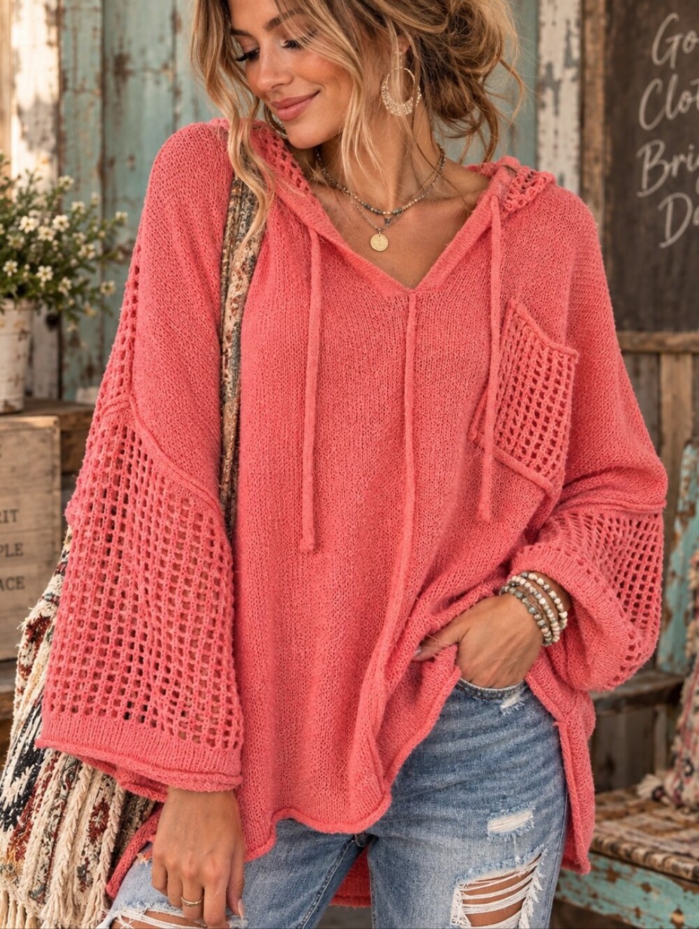 POL Coral Pink Oversized Open Knit Hooded Sweater Boho Size L